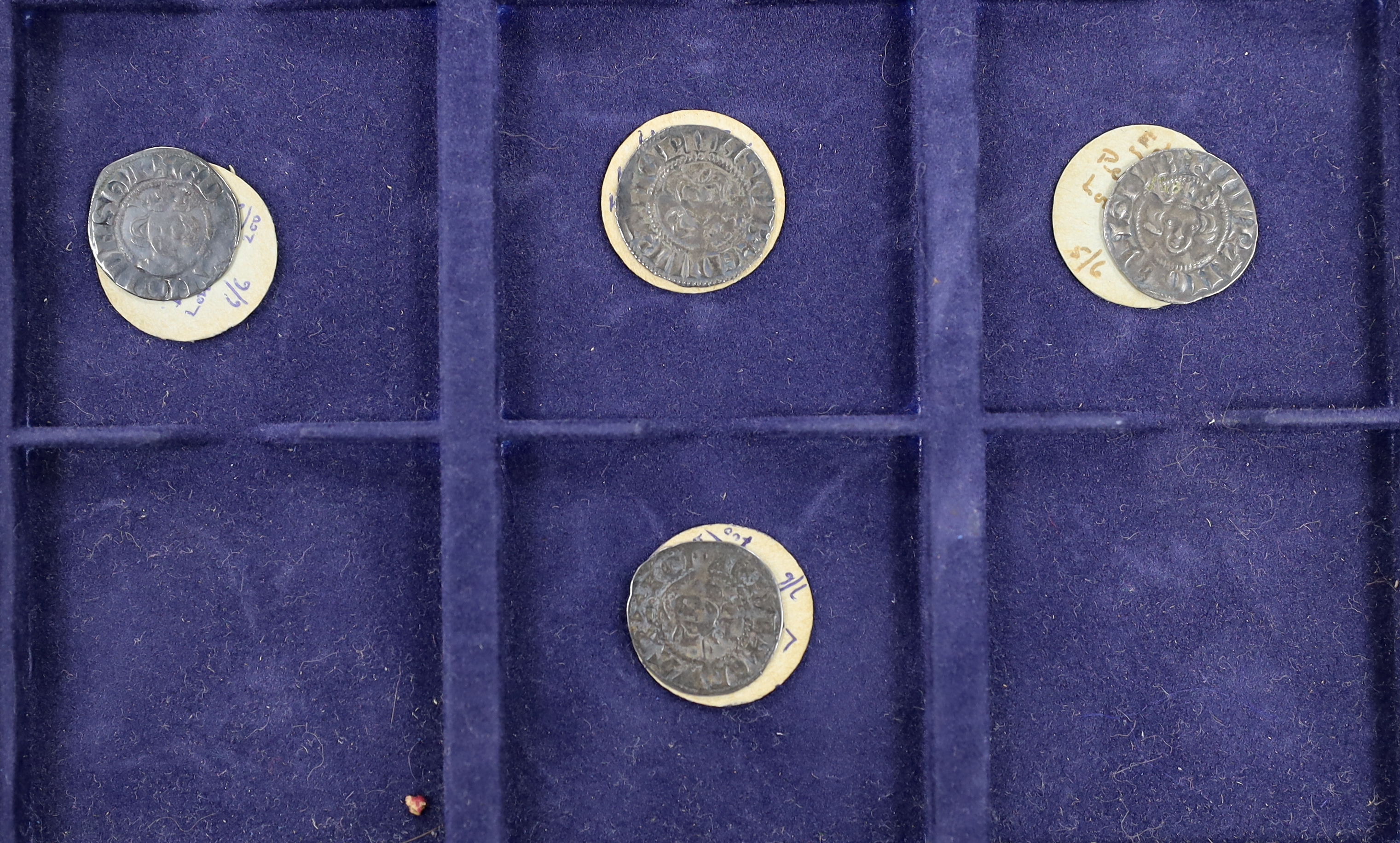 English medieval hammered silver coinage, an Edward III groat (1351-77), and nine Edward I (1272-1307) or Henry III (1247-72) long cross pennies